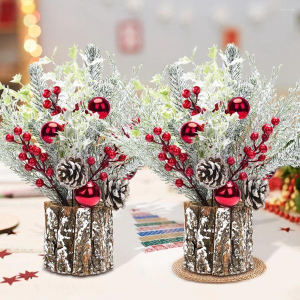 Vasos Decorações de mesa de natal 14 polegadas Pequena árvore em vasos com luzes de pinheiros e frutas