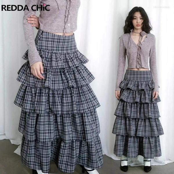 Röcke Reddachic 90s Retro graue Plaid Long Cake Rock Frauen lässig geschichtete Rüschen niedrige Taille geschwollene JK School Koreanische Y2k Streetwear