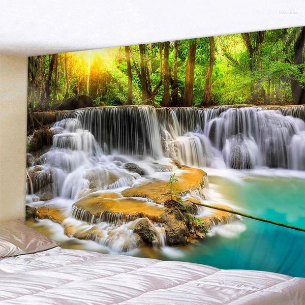 Arazzi appesi arazzi con paesaggio a cascata stile hippie bella foresta e ruscello yoga tappetino decorazione per la casa