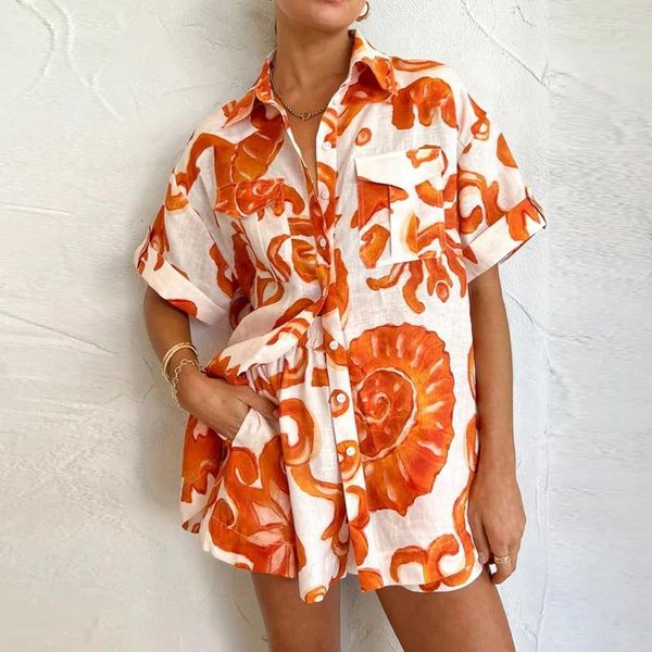 Kadınların Trailtsuits Beach Style Loungewear Set Geometrik Desen Kısa Kollu Yakel Düğmesi T-Shirt Bluz Elastik Bel Şortları Kadın
