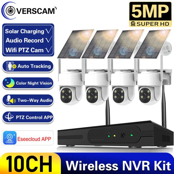 Sistem WiFi Solar PTZ Güvenlik Dış Mekan Kamera Sistemi 5MP 10CH NVR Kiti İki Yönlü Ses Kablosuz CCTV IP Kamera Video Gözetim Kiti 8CH