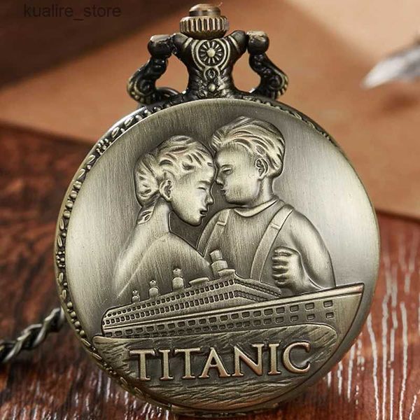 Orologi tascabili Antique Bronze Titanic Love Story Mechanical Pocket Women Necklace Chain Rtero FOB ES Gifts L240402