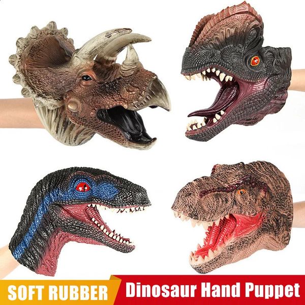 Jurassic Dinosaur World T Rex Carnotaurus Velociraptor Hand Puppet Figuras Simulação Tubarão Dolphin Lion Soft Rubber Kids Toys 240328