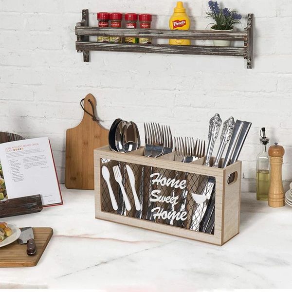 Küche Aufbewahrung Vintage Tischschachtel mit geteiltem Holzkoppigungsstäbchen -Stäbchen -Rohrlöffel Gabelmesser -Ständer Halter