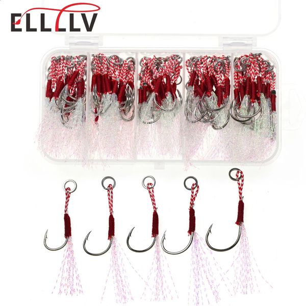 Elllv 100pcs/caixa lenta jigging assistente gancho de farpado único ganchos de gabarito fundido com penas de pesca de robalo