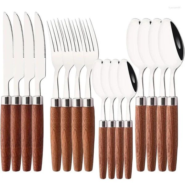 Conjuntos de utensílios de jantar 16pcs talheres de aço inoxidável faca de faca de faca imitação de madeira alça de madeira talheres de cozinha ocidental talheres de cozinha