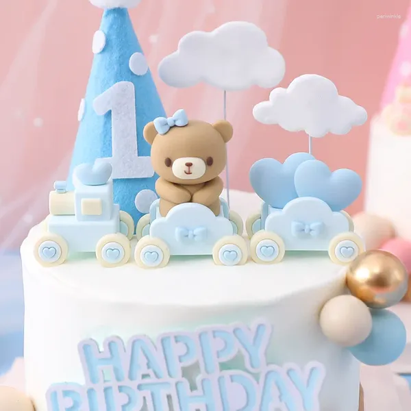 FESTIDAS DE FESTO DE CARACTOON Adorável bolo de urso Topper menino menina Primeira decoração de aniversário de borracha macia decoração de chá de bebê DIY