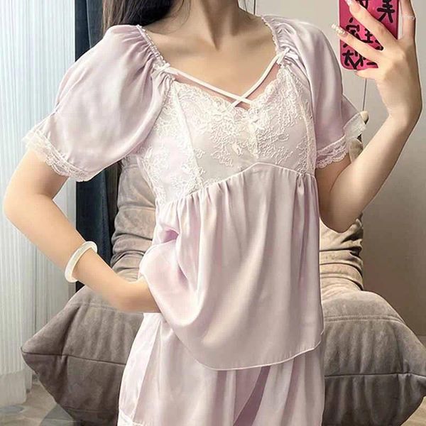 Ev Giyim Kadın Kabarcık Kolları Pijama Dantel Kısa Kollu Şort Seti Nightwear Saten Giysileri Giysileri Mahkeme Tarzı Stil Pijama Takım