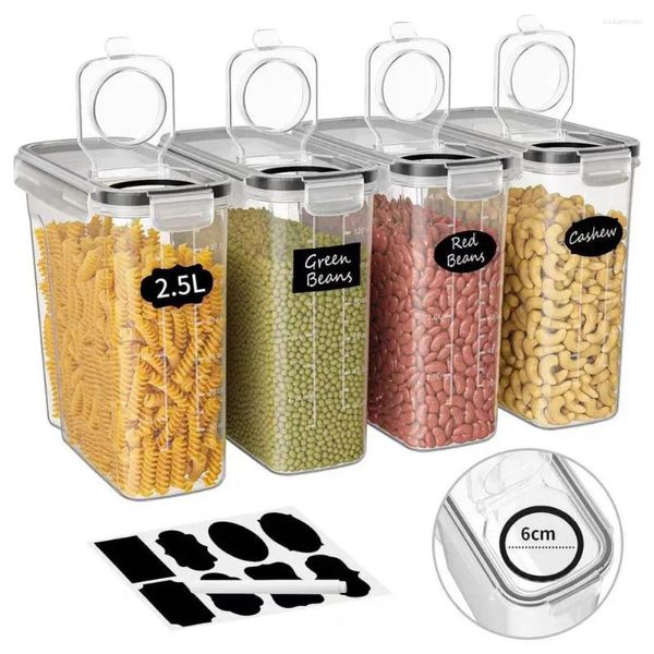 Bottiglie di stoccaggio Contenitori di pasta set di 4 scatole di cereali ermetiche trasparenti con adesivi per beccuccio versato 2.5L Capacità per dispensa