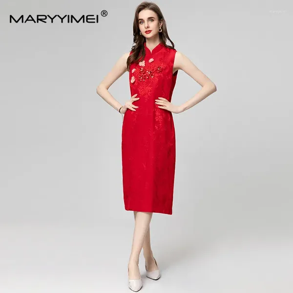 Vestidos casuais maryyimei moda feminina stand-up colar de gola mangas miçangas de unhas jacquard bordadas vestido de tanque vintage midi