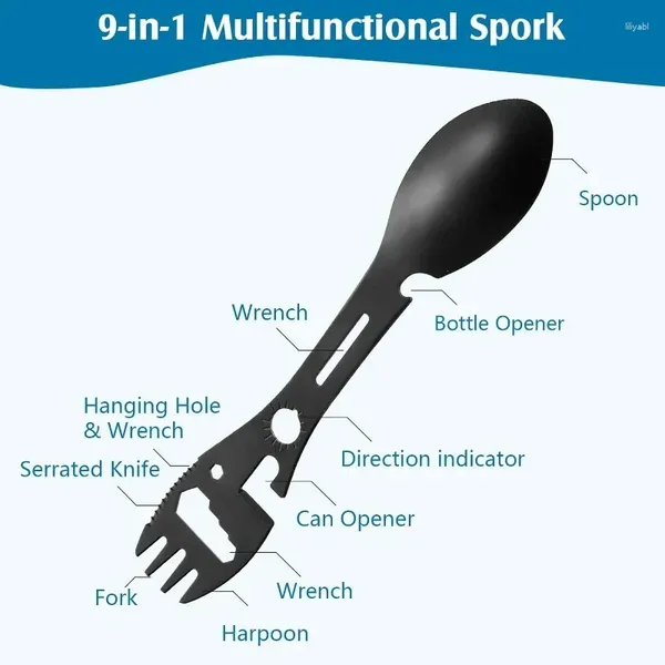 Geschirrsets Multifunktionaler Outdoor -Camping -Überlebensgabel und Löffel 9 in 1 Küchenschlüsselflaschenflasche Opener