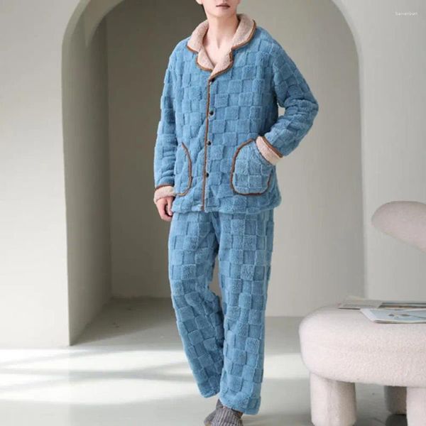 Heimkleidung 2 Stcs/Set Männer Winter Loungewear Dicke Plüsch warm warm gemütlich einreißtes Revers-Langarm-Mantel mit elastischen Tailentaschen Koralle