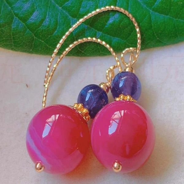 Brincos de Moda Dangle Fuchsia Round Banded Agate Purple Chalcecedony Gold Stud Stud personalizado Partido de noiva