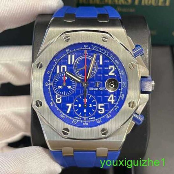 AP Brand Wristwatch Royal Oak Offshore Series 26470ST Elite Blue Dial com transparente de volta para homens Tempo de moda de lazer
