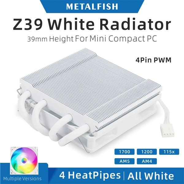 Refrigeração de metalfish z39 CPU White Cooler 39mm Radador de altura com ventilador PWM colorido de 9cm para 1700/1200/115X/AM5 Mini ITX Compact Platform