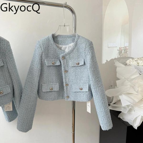 Jackets femininos gkyocq 2024 primavera coreana feminina tweed casaco elegante o pescoço de manga longa com caldeiras de peito claro azul feminino