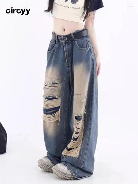 Damenjeans Rundyy für Frauen mit hoher Taille gebleichten Jeanshosen lose Hosen Streetwear Mode 2024 Frühling