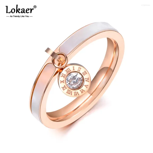 Anéis de casamento Trendy Rose Gold Bated Czz Crystal Rhinestone Titanium Aço White Shell para Mulheres Presentes de Engajamento R19064