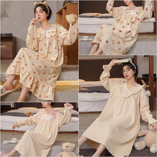 Heimkleidung Frauen Pyjama Frühlings- und Herbst Baumwolle langärmelisches Nachthemd Kleid süßes süße Erdbeeren Homewear Gril Einteiliger Blumen