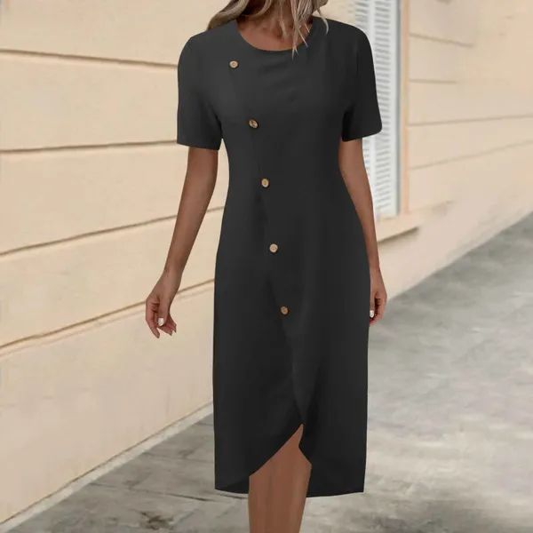 Lässige Kleider Sommer Mode Langes Kleid für Frauen O-Neck Kurzärmel Solid Maxi Ladies Button A-Line Office Female Kleidung