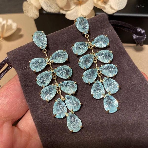 Dangle Ohrringe Blaue Blätter Crack Crystal Quaste Ohrring für Frauen Kubikzirkon luxuriöser Blume Fashion Boho Schmuck Zauber trendige Hochzeit