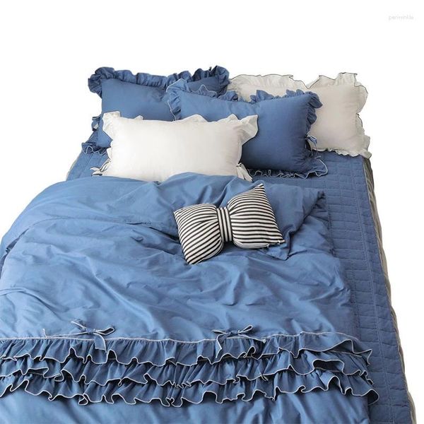 Set di biancheria da letto principessa cotone rosa king size da ragazza kit blu grigio bianco blu rouffles qualità europea copritura set