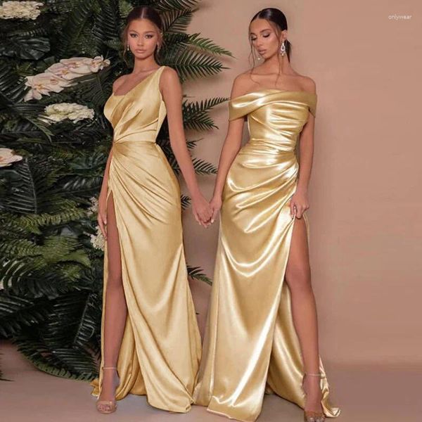 Partykleider Abend Frauen Gold Elegant Prom Kleid von Schulterseite Split sexy Cocktail Super Maxi Hochzeit Braut Heimkehr Robe