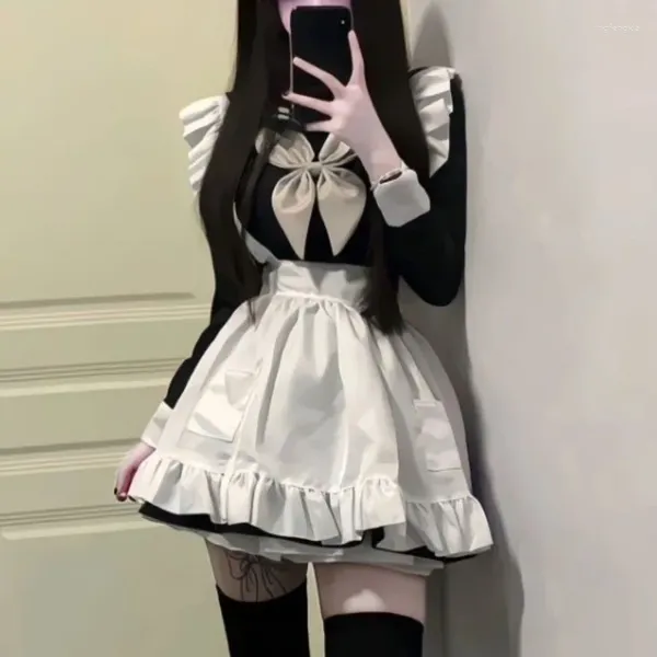 Arbeitskleider Lolita Kawaii süßer Seemann Kragen Bow Langarm Kleid für Frauen Y2K E-Girl Rüschen schlanker Taille Schürze Herumn Zwei-Stück-Setas