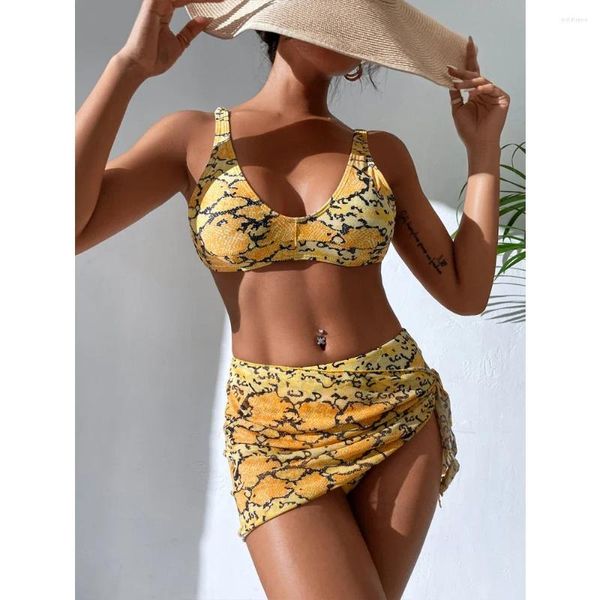 Frauen Badebekleidung gelber Leopard Badeanzug Frauen 2024 Strandrock 3-teilig Bikini U-Neck Hosentender Schnüre-up Rückenfreier Badeanzug hoher Taille