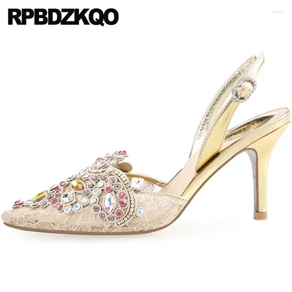 Elbise ayakkabıları örgü yüksek topuklu elmas sivri ayak parmağı pompaları kristal düğün kadınlar gelin çiçek 8cm stiletto slingback mücevher dantel rhinestone