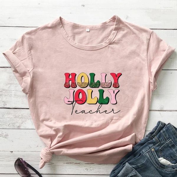 Женские футболки окрашены Holly Jolly Учитель Tshirt Vintage Women с коротким рубашкой с коротким рождеством.