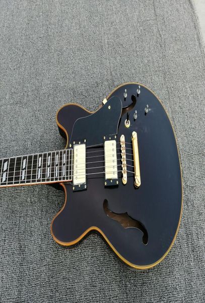 Piccole dimensioni 339 semi cavo corpo nera jazz chitarra elettrica doppia f fori giallo corpo legante hardware double slash fretbo1010110
