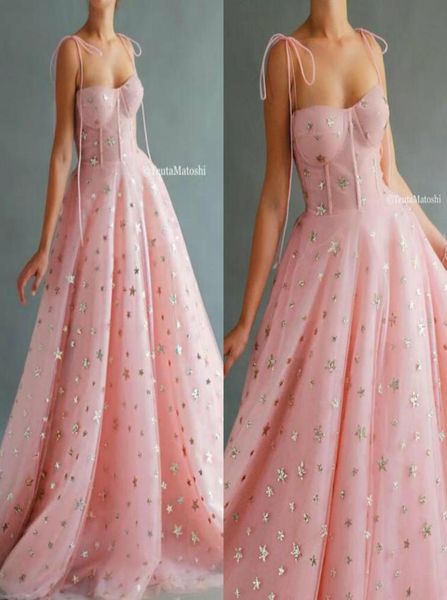 2020 Pink Prom Kleider Spaghetti Lace Bling Star Bodenlänge Billig Abendkleid Eine Linie maßgeschneiderte Kleider 9508761