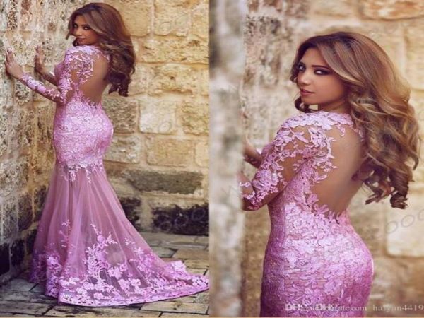 Billige arabisch -muslimische Fuchsia -Spitzen -Prom -Kleider Myriam Tarife Kleid auf Blick durch Meerjungfrau Abendkleid Trage rücken Rücken Langarm PA5366830