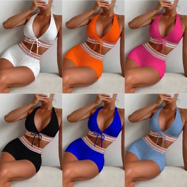 Kadın Mayo Yular Bikini Seti 2024 Kadın Seksi Düzenli Patchwork Yüksek Belli Mayo Boxer Şortları Mayolar Plaj Mayo Bikinis