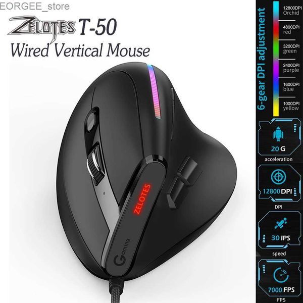 Ratos zelotes t-50 com fio vertical rgb mouse mouse óptico mouse 9butões 12800 dpi laptop PC ajustável Y240407