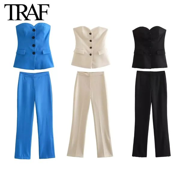 TRAF Women Fashion Spring Summer 2pc Flip Pocket Single Singlebreted Giving Sexy Strapless Top Bra High Waist Pants Twopice Set 240407