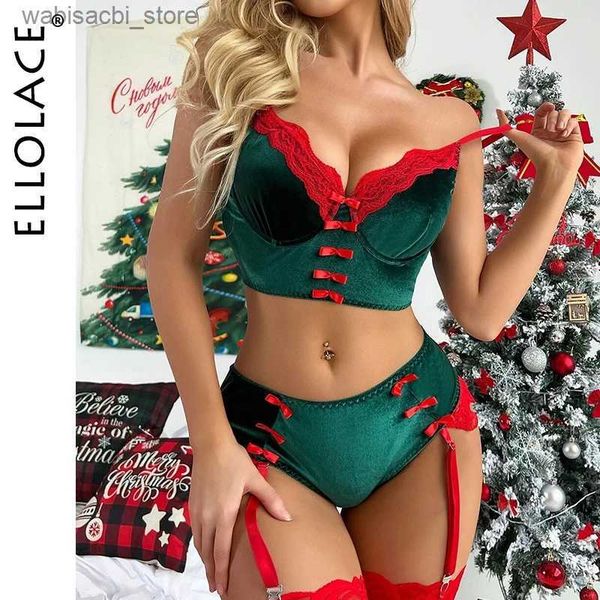 Set sexy Ellolace Christmas Lingerie Velvet Underwear femminile Bowknot Patchwork Intimate Festival di lusso Set Sex Sexy Women 2 Piece L2447