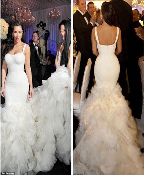 Vestidos de noiva Kim Kardashian com babados níveis sem alças Sereia Sereia Mermaid Vestidos de noiva Chapel Train Plus Size Size Vestido de Nov3332345