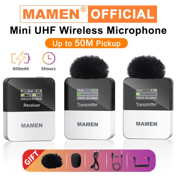 Microfones Mamen Mini UHF Sistema de microfone sem fio com Função de monitor 50m Transmissão para entrevista em VLOG Lavalier Microfone