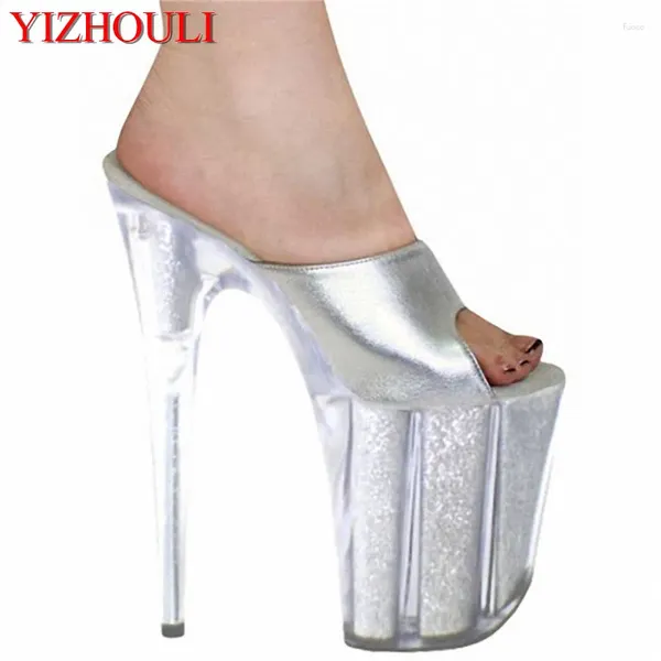 Pantofole da 8 pollici estate chiara galline altissima gocce per donne scarpe di cristallo sexy 20 cm piattaforme di spogliarellista glitter argento