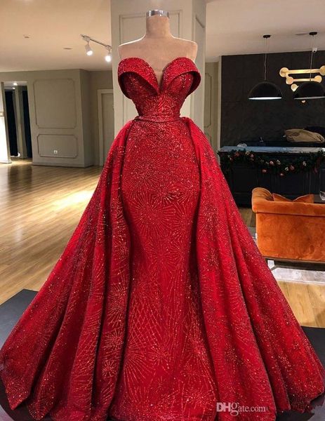 Splendidi abiti da sera sirena rossa con treno staccabile 2021 Abito da ballo da ballo da ballo formale abiti da sera formali Robe de Soiree Abendkle5150791