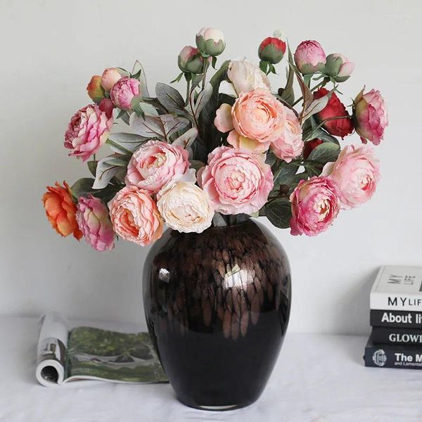 Flores decorativas de 70 cm de pintura a óleo artificial peony 3 cabeças doméstica decoração suave pografia adereços
