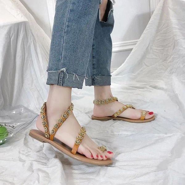 Sandálias 2024 Moda Ladies Boho Strappy Rhinestone Casual Falts Shoes para Summer Sapatos feminino chaussure femme