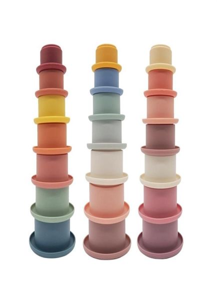 Bambino impilabile tazza giocattoli arcobaleno colore anello torre precoce intelligenza educativa giocattolo nidificazione anelli torri bagno giochi acqua set silico8680998