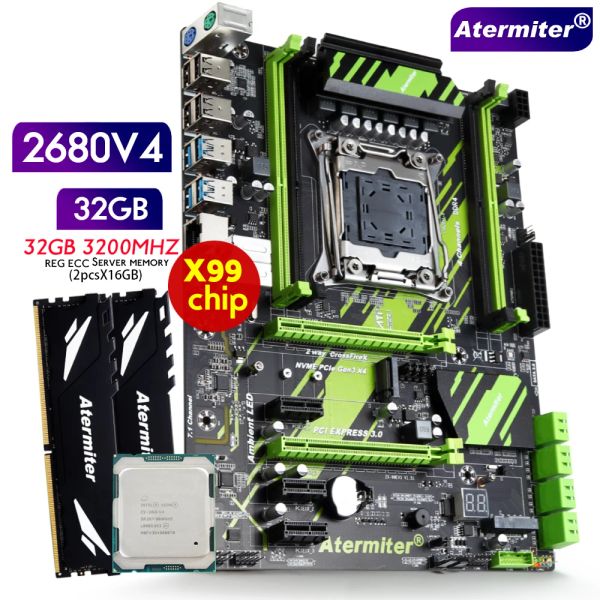 Материнские платы Atermiter X99 D4 DDR4 Материнская плата с Xeon E5 2680 V4 LGA20113 CPU 2PCS X 16GB = 32GB 3200 МГц DDR4 PC4 Reg ECC ОЗУ память памяти ОЗУ памяти