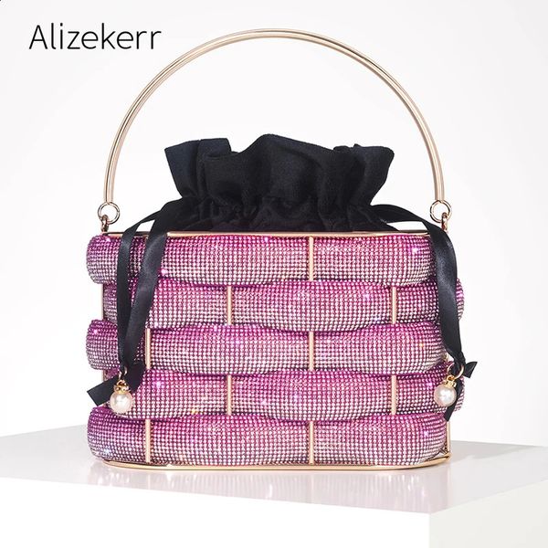 Alizekerr Tecido Rhinestone Back Boutique Boutique Mulheres Boutique Graduada Cristal Cristal Cristal Hollow Out Metal Bolsa