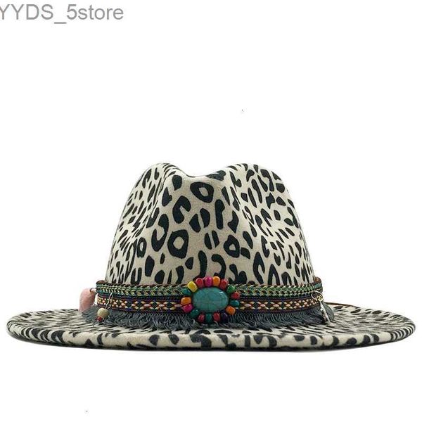 Secchio di cappelli larghi 2019 Nuova tendenza unisex in lana normale in feltro jazz cappello da cappello da uomo leopardo decorazione della fascia frangia Trilby Panama ufficiale YQ240407