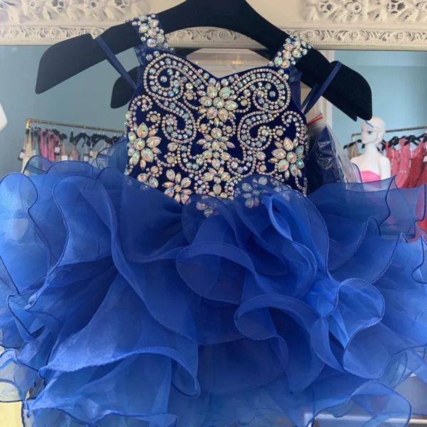 Kleider Cupcake Glitz Little Girl Festzugskleid 2020 Royal Blue Samt Organza Festzugskleid für Kleinkind Teenager Major Perlenkristall