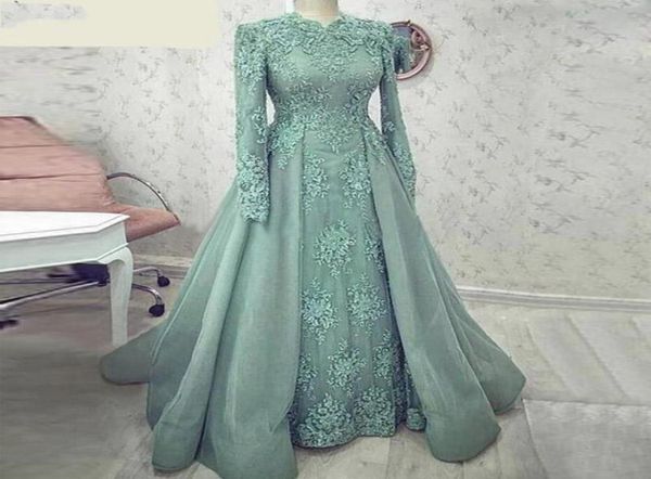 Türkis muslimische Aline Abendkleider mit Langarm Applikationen Spitzen -Prom -Party -Kleider Dubai Arabisch besonderer Anlass formelle DRES7480127